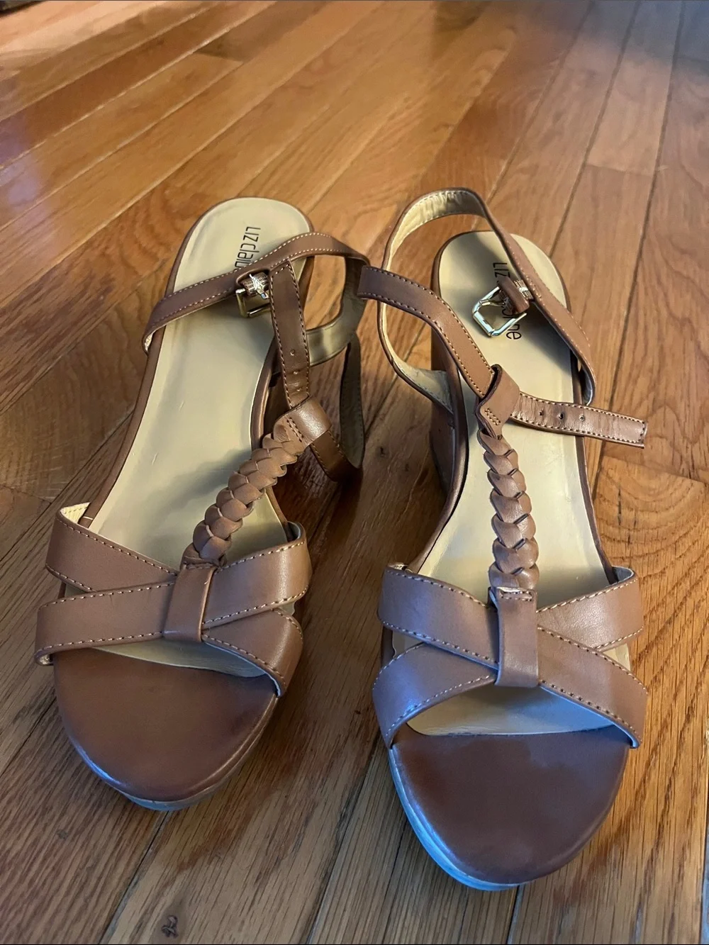 Liz Claiborne Tan Braided T‑Strap Wedge Sandals